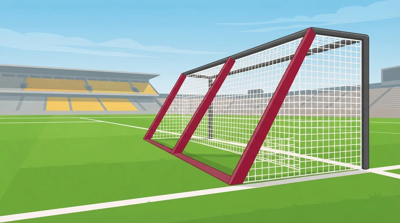 Fußballtor mit geometrisch gestaltetem Tornetz auf einem leeren Spielfeld