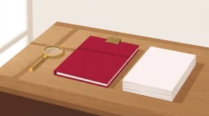Aktenmappe, Papierstapel und Lupe auf einem Schreibtisch