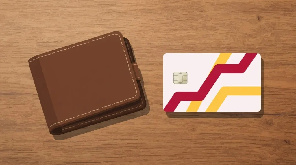 Neutrale Bankkarte und Ledergeldbörse auf einem Holztisch