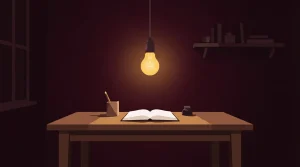 Leuchtende Glühbirne über einem schlichten Schreibtisch im dunklen Raum