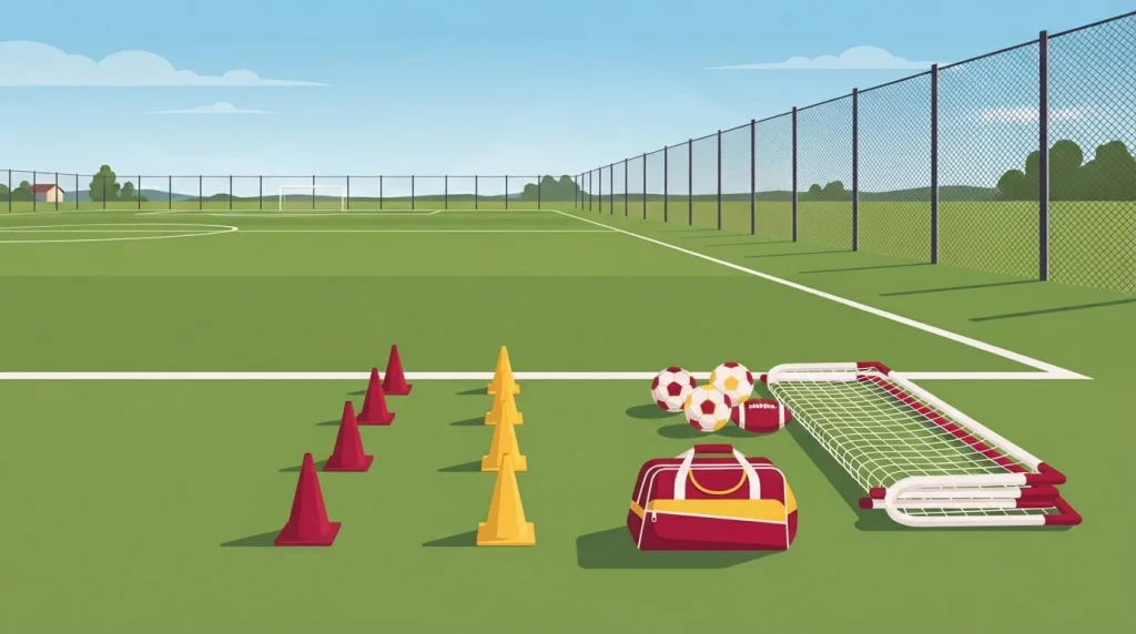 Trainingskegel, Tore und Sportbälle am Rand eines leeren Trainingsplatzes