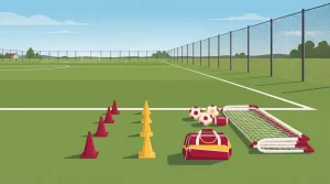 Trainingskegel, Tore und Sportbälle am Rand eines leeren Trainingsplatzes