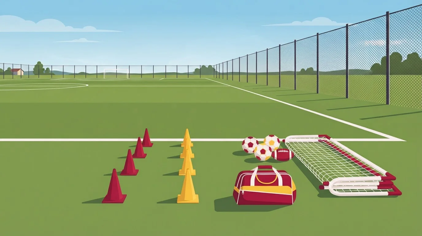 Trainingskegel, Tore und Sportbälle am Rand eines leeren Trainingsplatzes